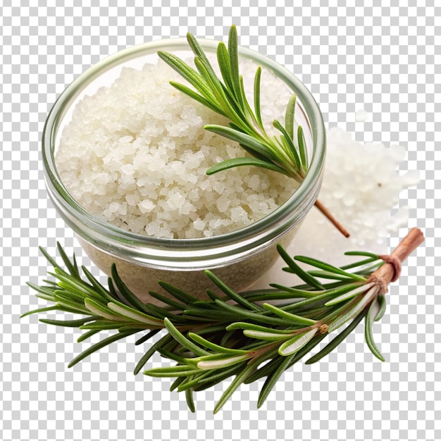 A wooden bowl filled with salt and herb on transparent background