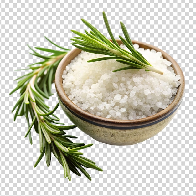 A wooden bowl filled with salt and herb on transparent background