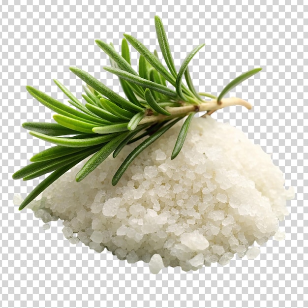 A wooden bowl filled with salt and herb on transparent background