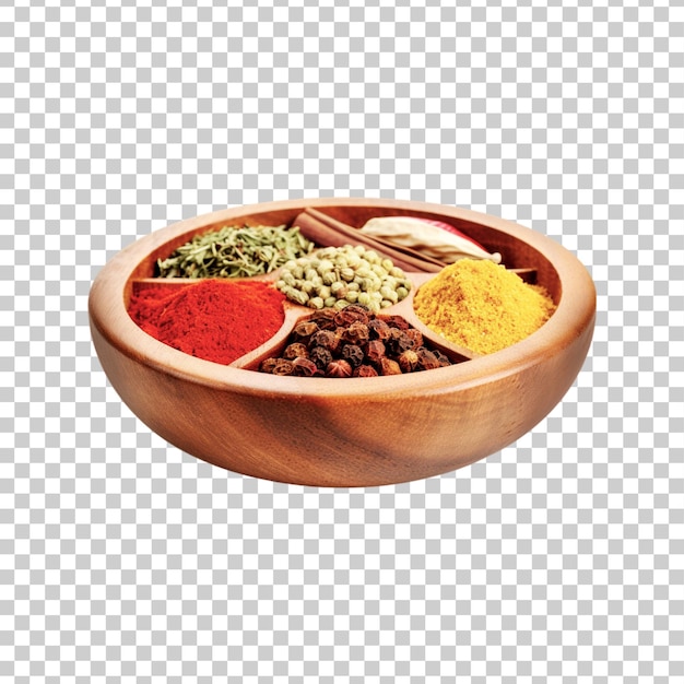 A wooden bowl of spices and herbs on a transparent background