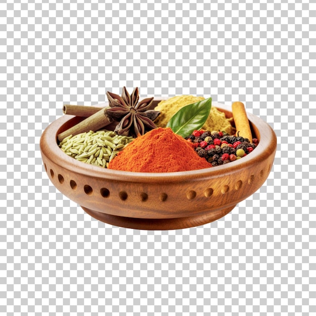 A wooden bowl of spices and herbs on a transparent background