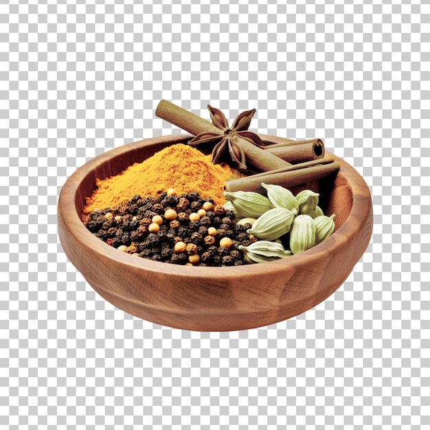 A wooden bowl of spices and herbs on a transparent background