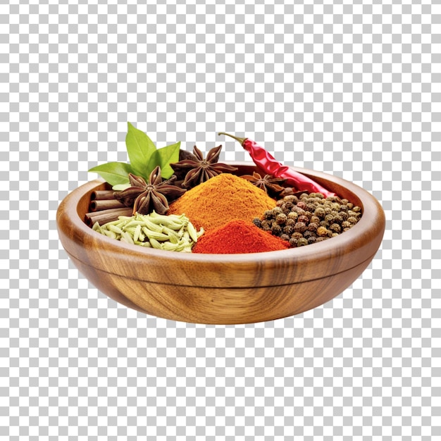 A wooden bowl of spices and herbs on a transparent background