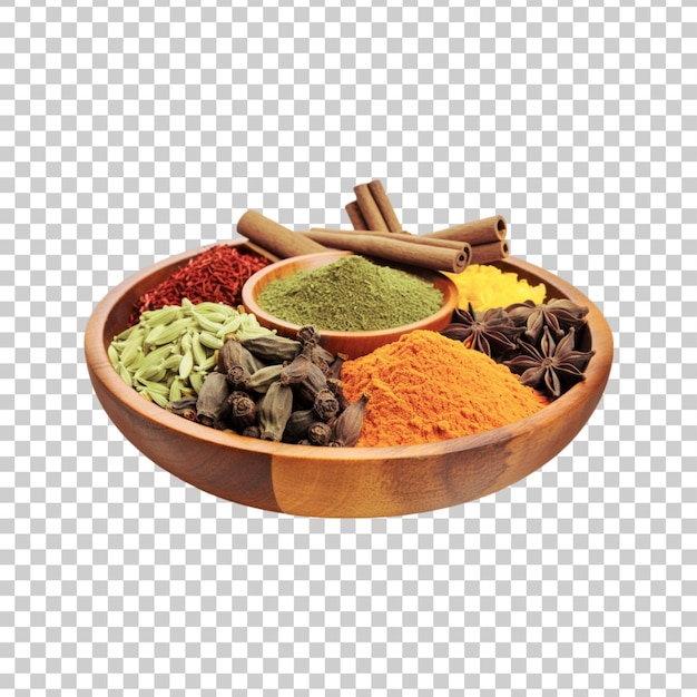 A wooden bowl of spices and herbs on a transparent background