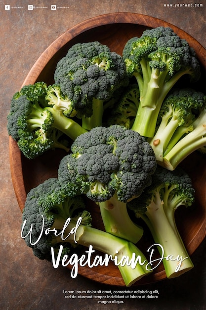 PSD a wooden bowl with broccoli in it and the words world trade written on it