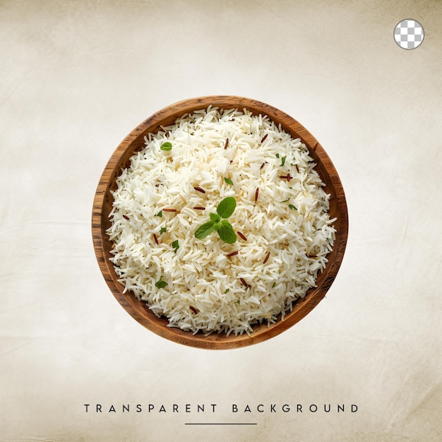 PSD wooden bowl with cooked white rice isolated on transparent background