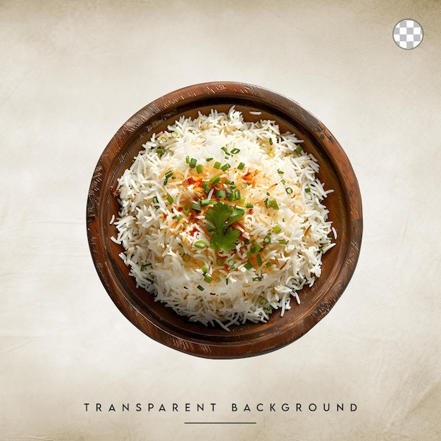 PSD wooden bowl with cooked white rice isolated on transparent background