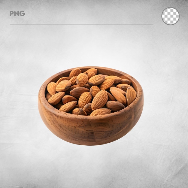 a wooden bowl with nuts in it and a white background