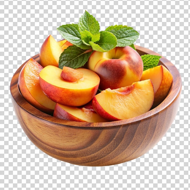 A wooden bowl with sliced peaches and green leaves on transparent background