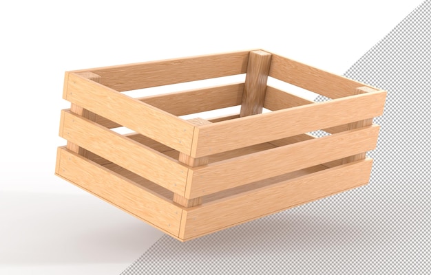 Wooden box angle view 3D render Blank wood crate timber plank container tray or pallet for storage transportation and delivery farm fruit or vegetable isolated on white background 3D illustration