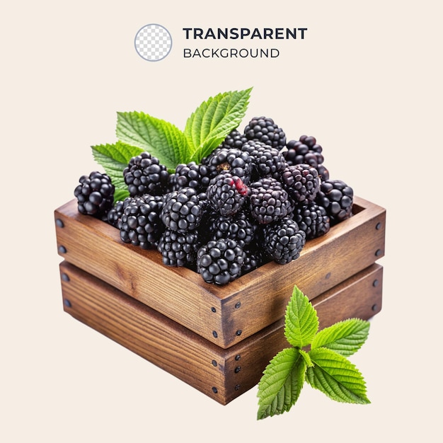 PSD wooden box full of blackberry isolated on transparent background