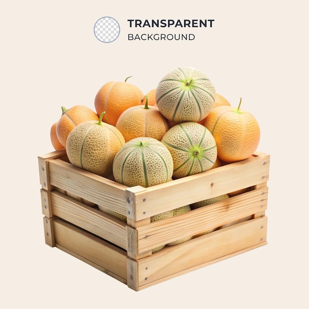 Wooden box full of Cantaloupe isolated on transparent background