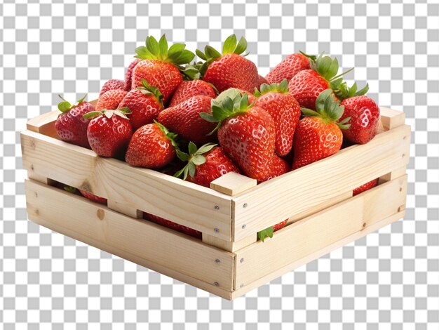 PSD wooden box full of fresh strawberries isolated on transparent background