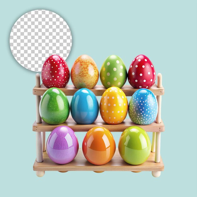 PSD wooden box with colored eggs transparent background