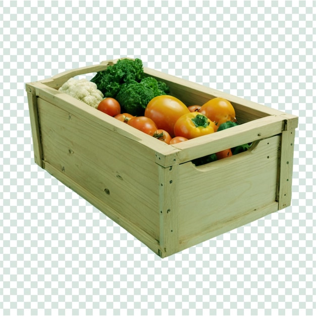 a wooden box with vegetables and a box of vegetables