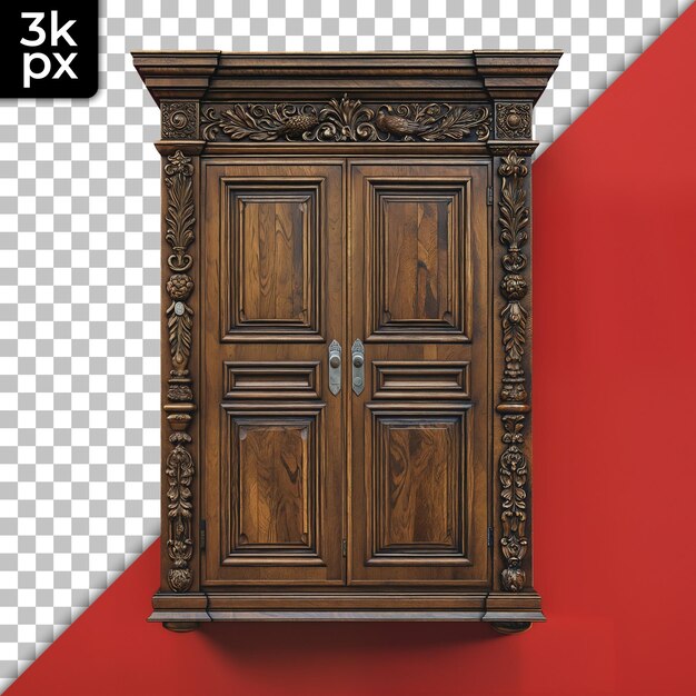 PSD a wooden cabinet with a red background with a red wall behind it