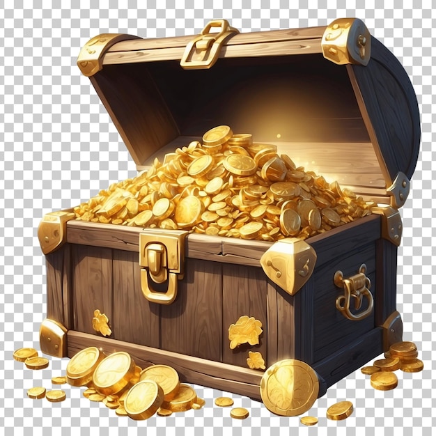 a wooden chest with gold coins inside and a wooden box with gold keys isolated