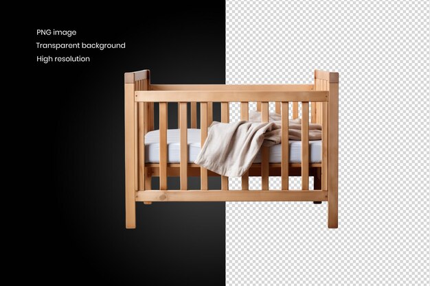 PSD wooden crib with white sheets and a blanket background removed