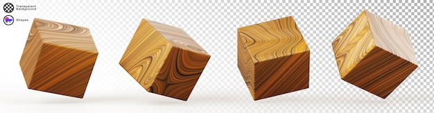 Wooden cube block in different angles 3d render icon set Natural square boxes with wood texture blank game dice or education cubic toy design element isolated on white background