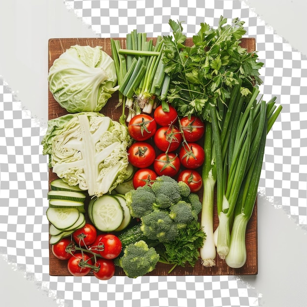 PSD a wooden cutting board with a bunch of vegetables on it