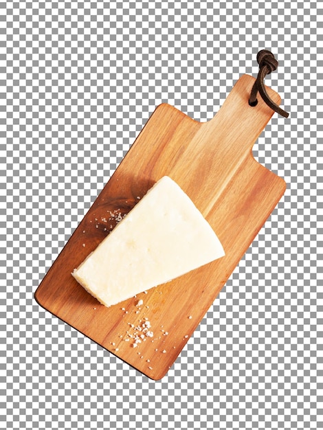 Wooden cutting board with a piece of cheese on transparent background