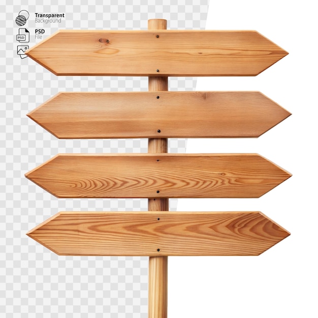 Wooden Directional Signposts on a Post Against a Transparent Background