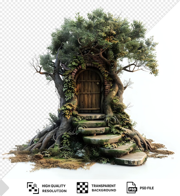 PSD a wooden doorway nestled within a tree with a set of stone steps leading up to it against an isolated background