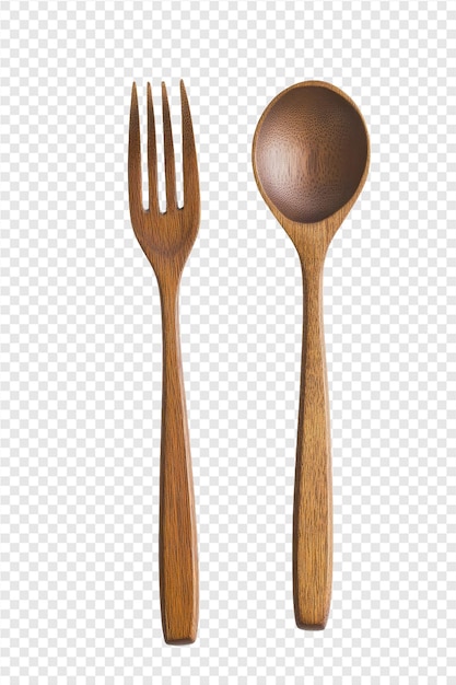 a wooden fork and spoon on a transparent background