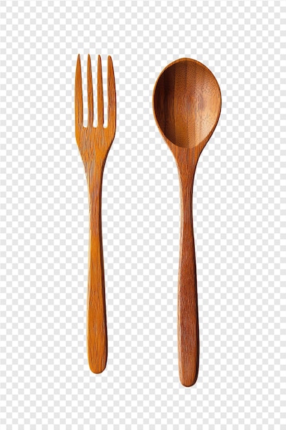 a wooden fork and a wooden spoon on a transparent background