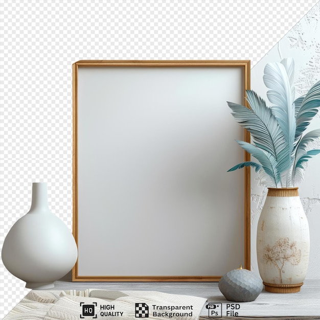 a wooden frame with feathers on it sits on a table next to a vase against a white wall png psd