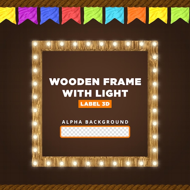 wooden frame with light 3d render composition