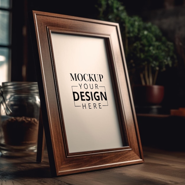 A wooden frame with the word mockup your design here on it