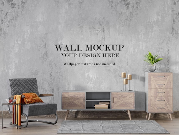 Wooden furniture in front of mockup wall