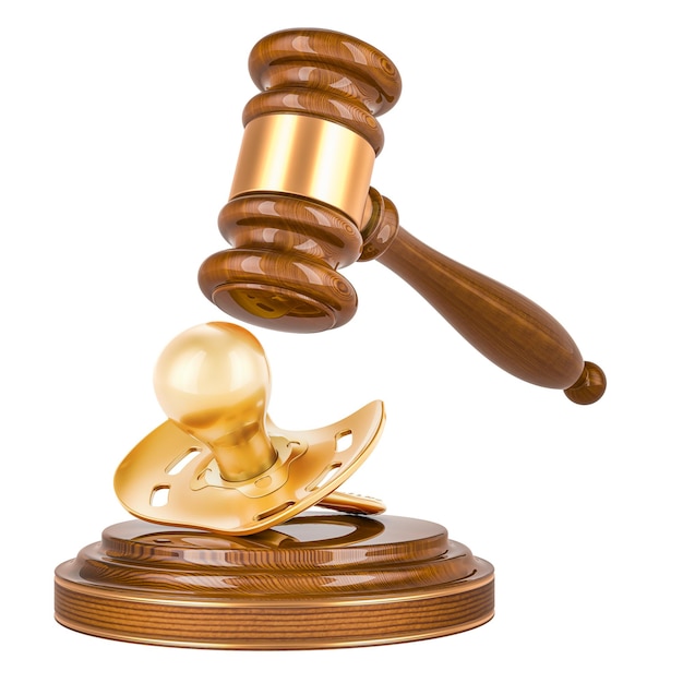 PSD wooden gavel with golden baby pacifier 3d rendering isolated on transparent background