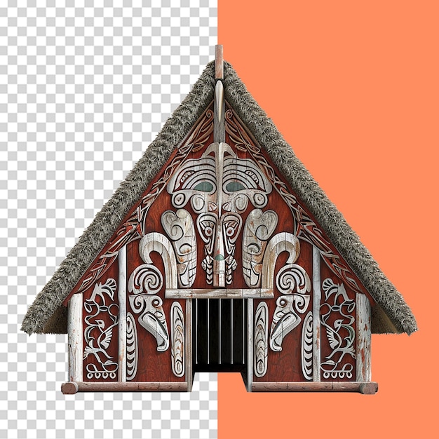 a wooden house with a design on the front and the right side