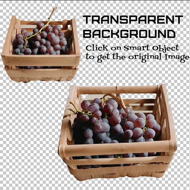 wooden light wood crate box with bunch of grapes isolated on transparent background