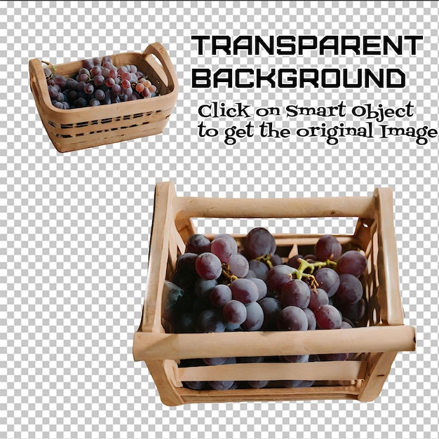 wooden light wood crate box with bunch of grapes isolated on transparent background