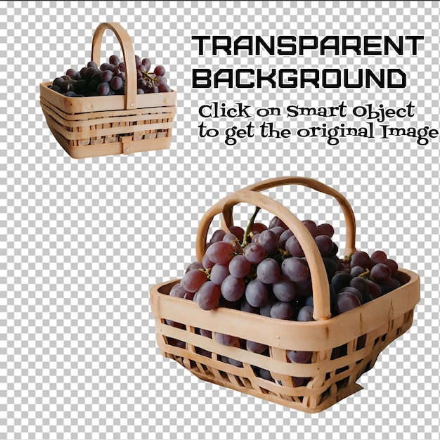 wooden light wood crate box with bunch of grapes isolated on transparent background