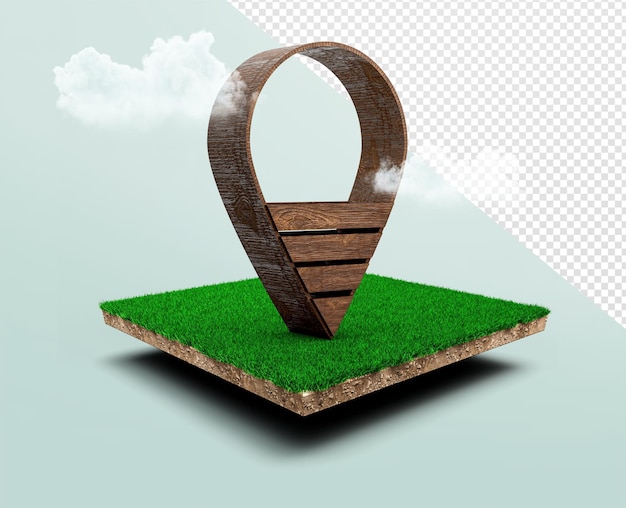 PSD wooden location pin icon on cubical soil land geology cross section with green grass ground