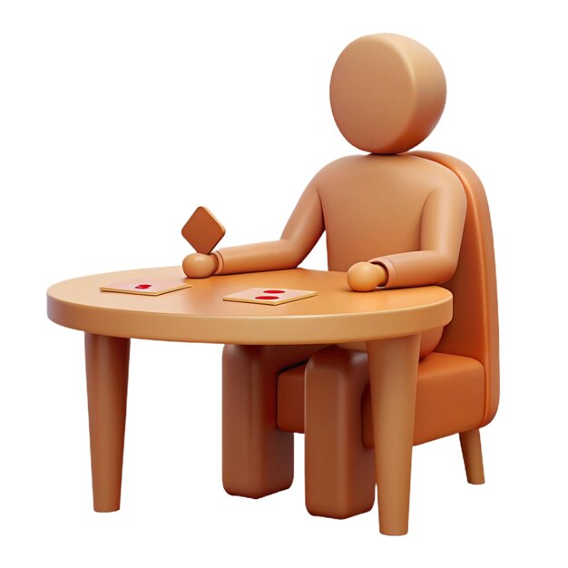 a wooden man sitting at a table with a red letter o on it