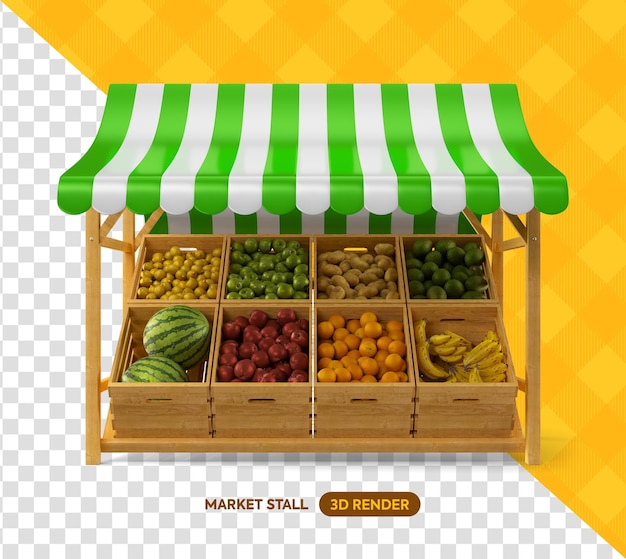 Wooden market stall with fruits and vegetables 3d render