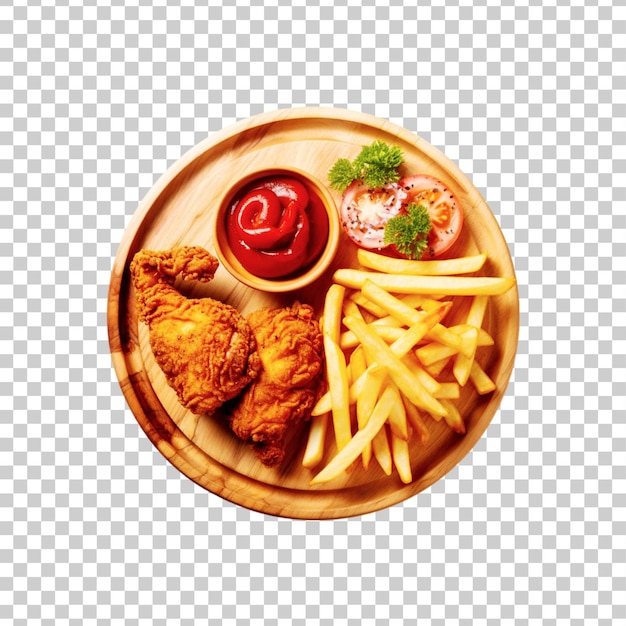 A wooden plate of fried chicken with french fries isolated on transparent background