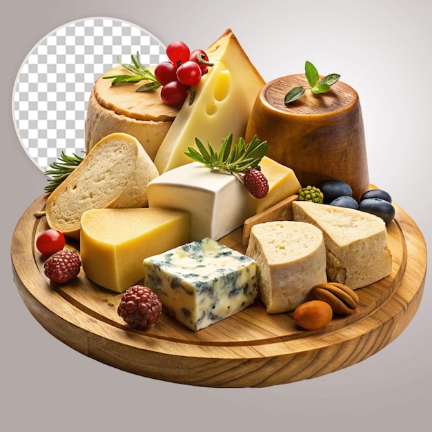 PSD a wooden plate topped with different types of cheese