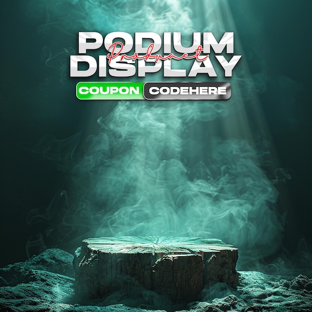 wooden podium background with green smoke effect