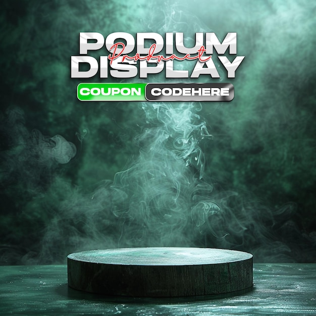 wooden podium background with green smoke effect