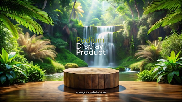 PSD wooden podium in lush jungle with waterfall