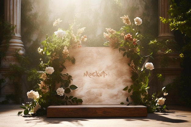 Wooden podium mockup for product presentation decorative with colorful flowers and leaves