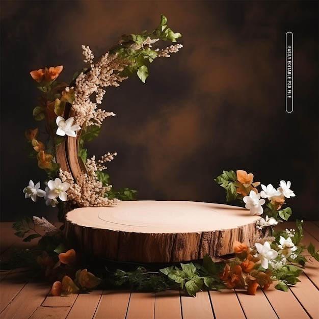 Wooden podium mockup for product presentation decorative with colorful flowers and leaves