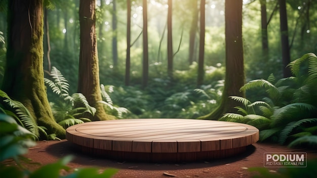 PSD wooden podium mockup for product presentation placed deep lush forest sun lighting psd 3d rendered