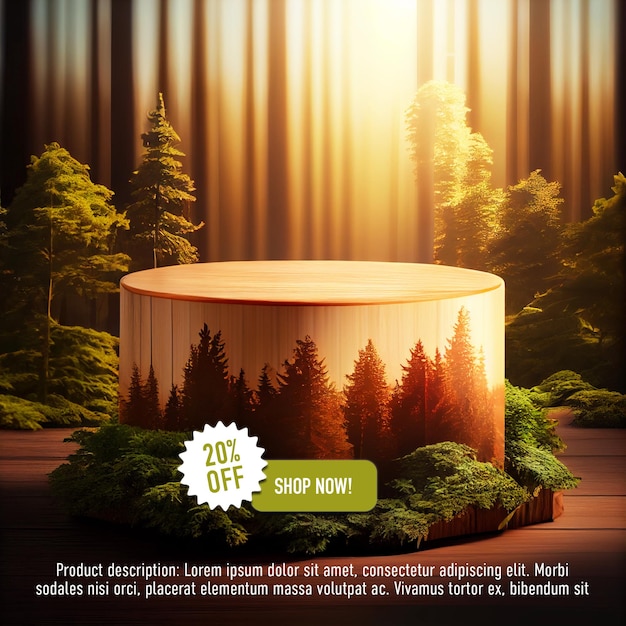 PSD wooden podium or platform for product presentation display in the forest psd template